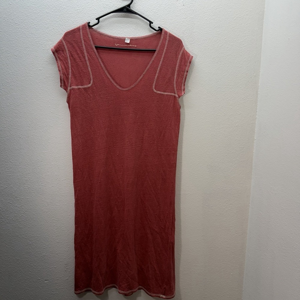 SITA MURT Cap Sleeve Red 100% Linen Midi Dress SZ S Lagenlook Minimalist V‎ Neck